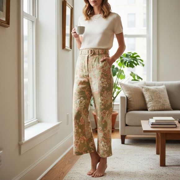 Zimmermann Size 2 Tropical Pants Wide Leg Cropped Belted Linen Blend Floral - Picture 4 of 10